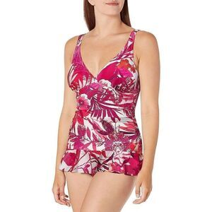543 Gottex ruffle edge one piece  tummy control v-neck swimdress WHITE RED 12D